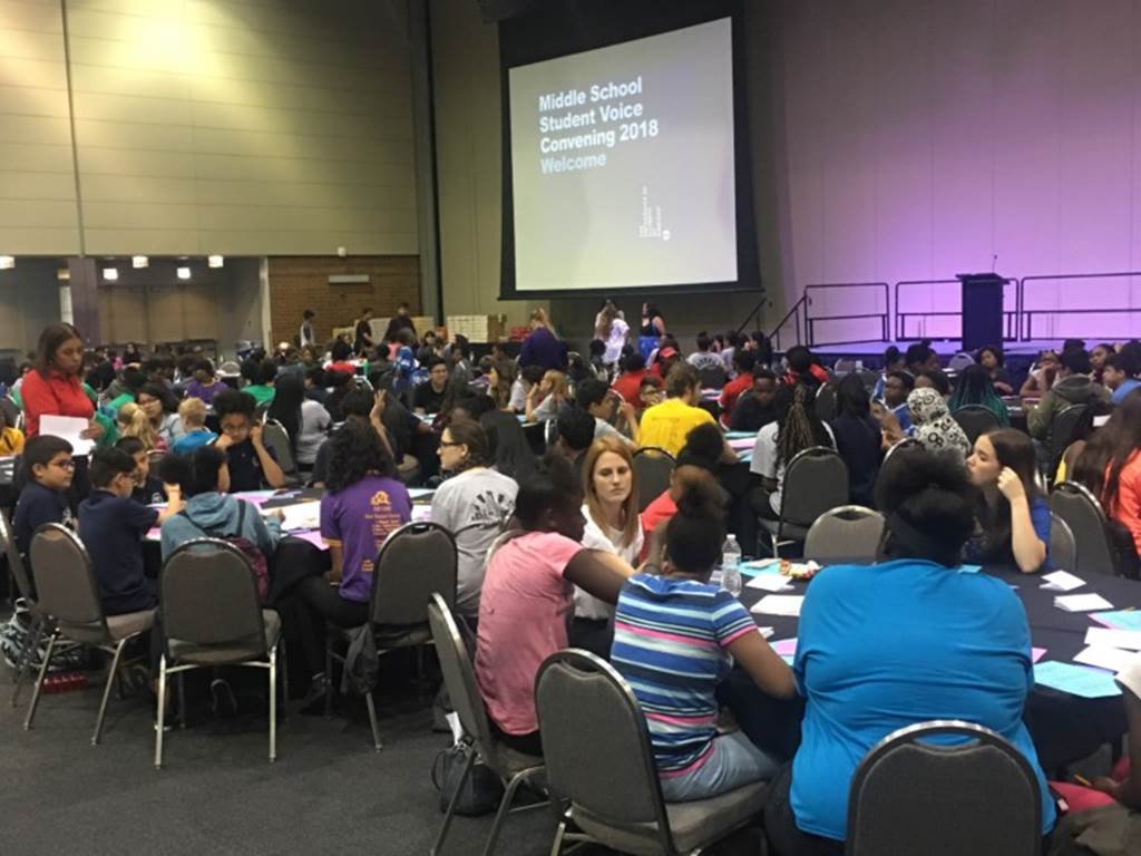 Students sitting at round tables