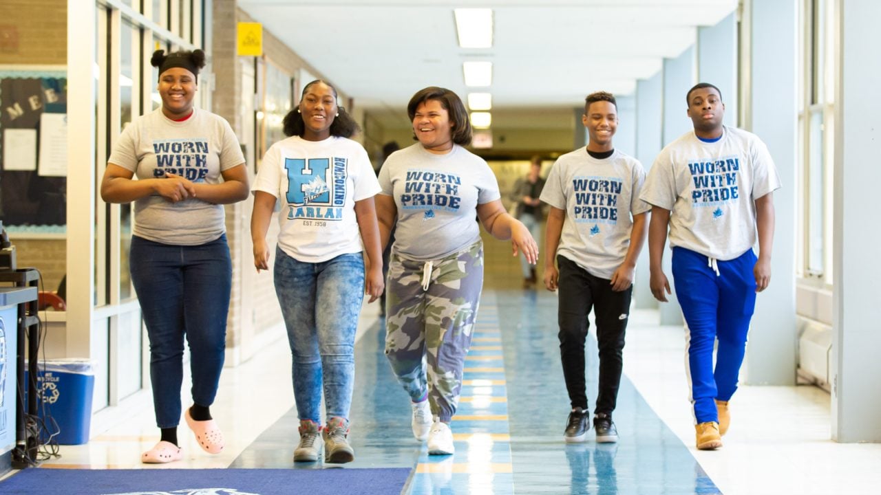 A group of students walking together