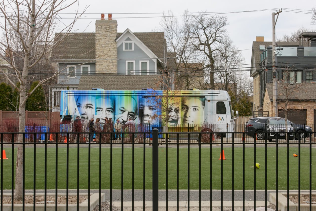 A trailer with faces on it